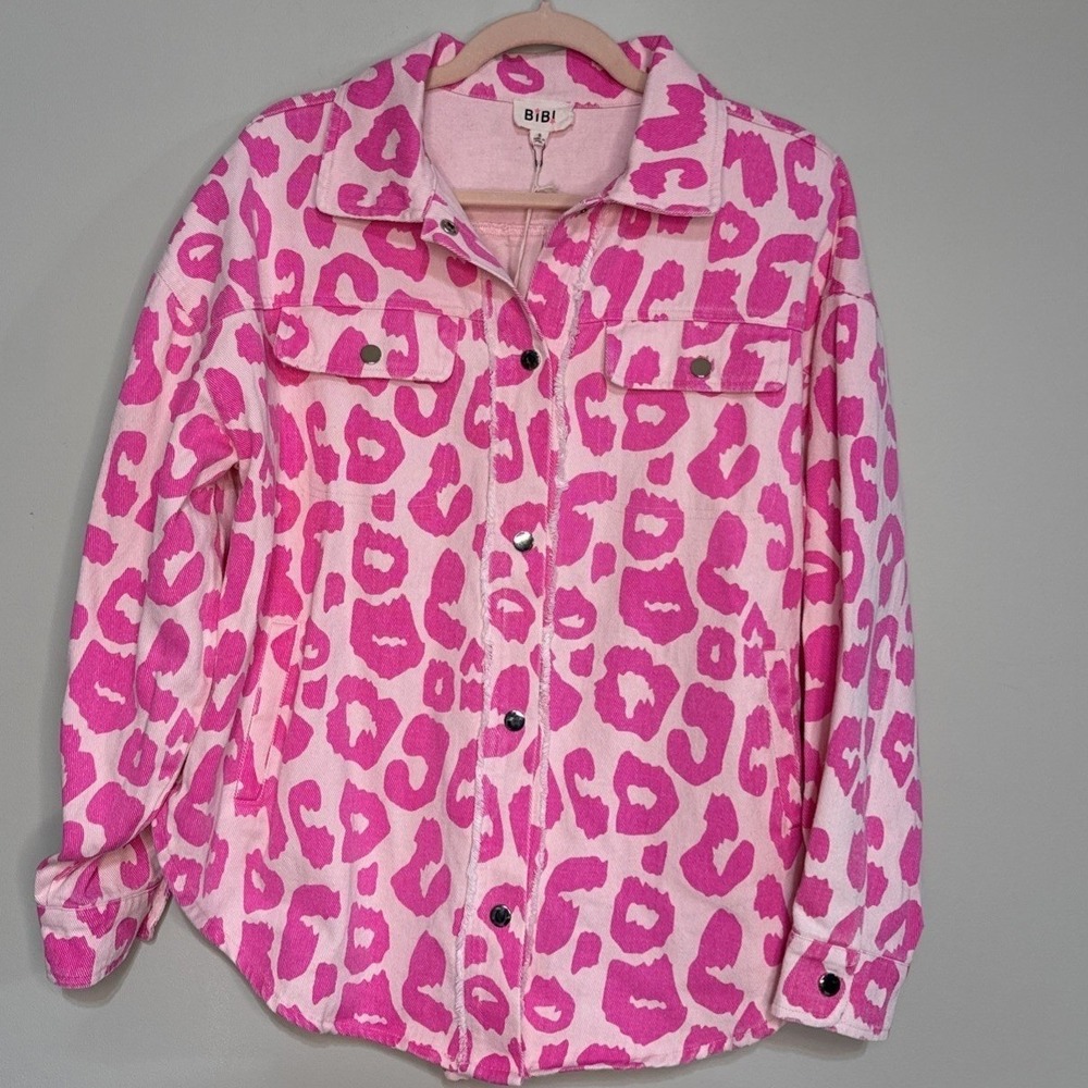 BiBi Denim Jacket Women's Pink Size Small Leopard Print #107